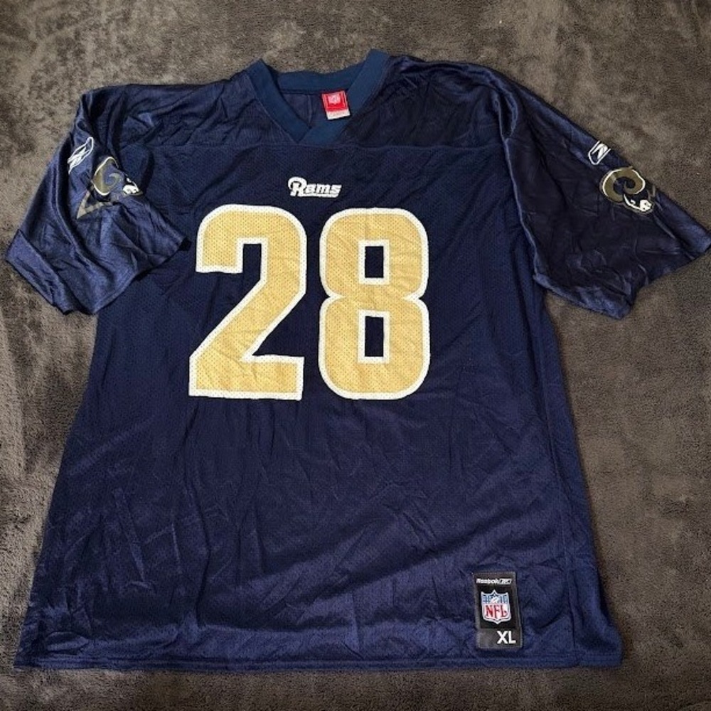 Reebok NFL St Louis Rams Marshall Faulk 28 Jersey Navy Blue XL 7010A